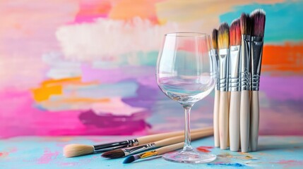 Fototapeta premium Aesthetic still life with a wine glass and brushes set against a lively background of painted colors