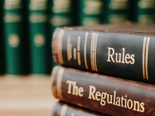 Close-up of Law Books with Titles Rules and The Regulations