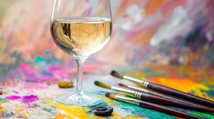 Obraz premium Artistic setup with a glass of white wine and paintbrushes on a vibrant painted surface, bright composition
