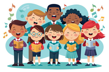 Illustration of happy and diverse children singing together in a choir, conveying friendship, music, and harmony through song and joyful expressions.