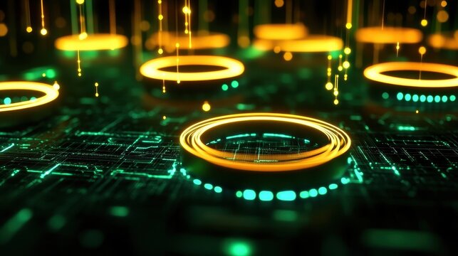 Abstract technology background with glowing rings and circuit board pattern. Concept for digital technology, data processing, and futuristic designs.