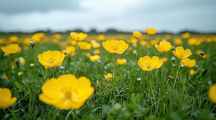 Fototapeta premium A field of yellow flowers with a cloudy sky in the background