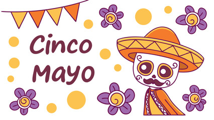 Cinco Mayo Cartoon Skull Character with Sombrero, Purple Flowers, Party Pennants