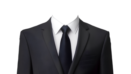  Background: transparent white. Photo of a suit and tie with no head, without a face.