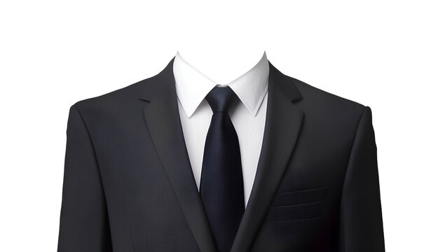  Background: transparent white. Photo of a suit and tie with no head, without a face.
