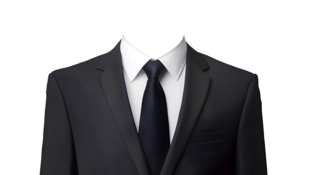  Background: transparent white. Photo of a suit and tie with no head, without a face.