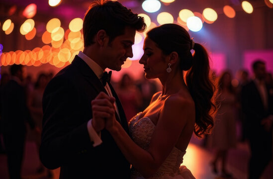 Boy and girl dancing at prom, evening lights in bokeh in background, beautiful party outfits