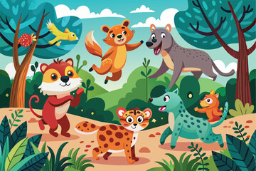 Naklejka premium A vibrant illustration of cartoon jungle animals having fun in a lively forest setting, showcasing friendship and adventure among various playful creatures.