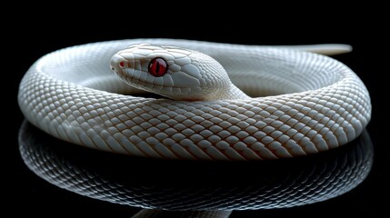 Fototapeta premium A white snake with red eyes on a black surface