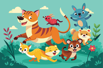 A vibrant illustration of cheerful cartoon animals frolicking in a lush, green environment. Ideal for children's books, educational materials, or playful design projects.
