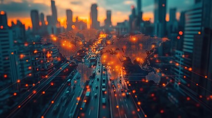 Fototapeta premium Global Network Overlay on Cityscape