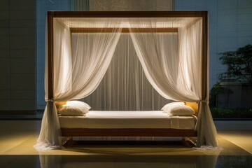 Elegant canopy bed with sheer white curtains, romantic and luxurious design, isolated."