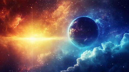 Obraz premium Vibrant nebula swirls around a planet in deep space, showcasing cosmic colors and textures.