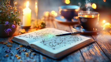 Open book featuring star charts and arcane symbols beside a vintage ink pen, lit by candlelight and tea cups on a wooden table