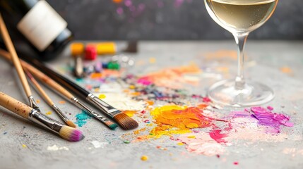 Painter table with white wine and a set of brushes, colorful smudges and textures as backdrop