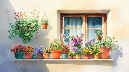 Naklejka premium Quaint flower store front captured in watercolor, overflowing with vibrant pots and rustic charm