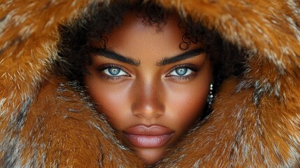 A woman with blue eyes wearing a fur coat