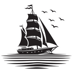 Majestic sailing ship silhouette illustration with seagulls ocean adventure