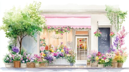 Watercolor illustration of a classic floral boutique, aged storefront and colorful flowers in bloom
