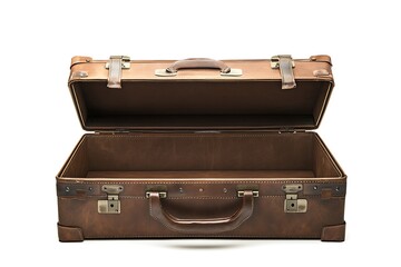 Open Vintage Brown Suitcase on White Background Isolated Empty Inside