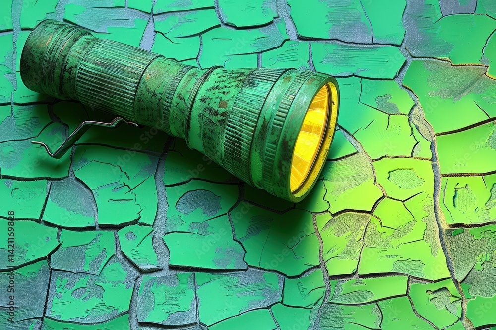 Poster a green flashlight rests on a cracked surface, illuminating the intricate textures and colors, creat