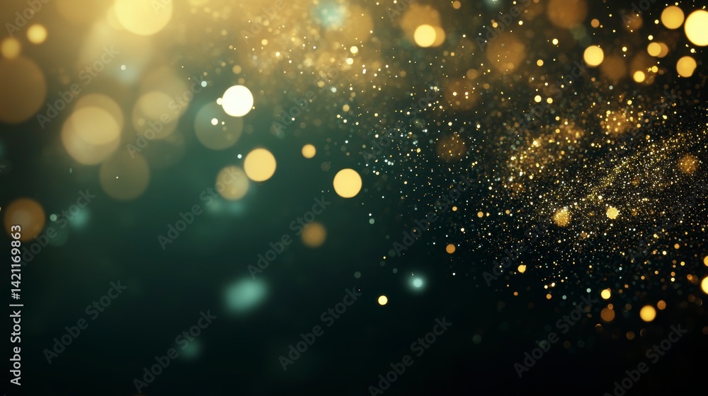 Poster abstract gold and teal bokeh background with glittering particles.