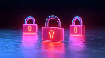 Three Neon Padlocks on Dark Reflective Surface