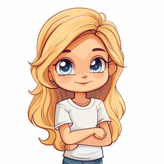 Cute cartoon girl with blonde hair. Vector illustration isolated on white background.