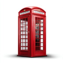 A vibrant red telephone booth, a classic British icon, isolated on a clean white background