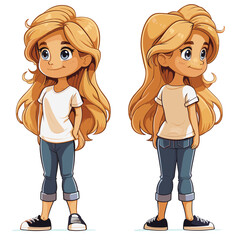 Cute little girl with long blond hair. Cartoon vector illustration