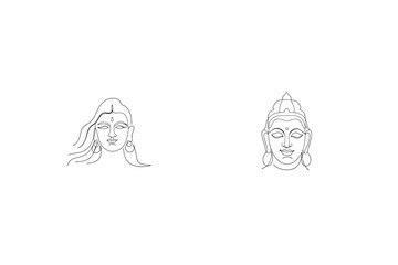 Line Art Illustration Of Buddha And Hindu Deity Faces Spiritual Art
