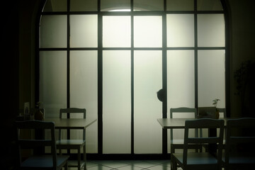Frosted glass door dividing intimate restaurant tables, casting shadowy ambiance in dimly lit interior space
