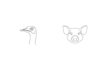 Minimalist Line Art Illustration Of Ostrich And Pig Head Isolated On White Background