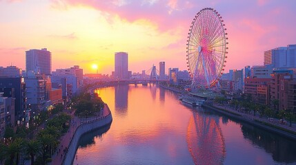 A ferris wheel in the middle of a city at sunset