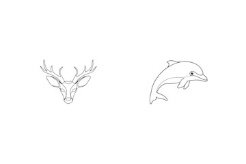 Minimalist Line Art Illustration Of A Deer Head And A Dolphin On White