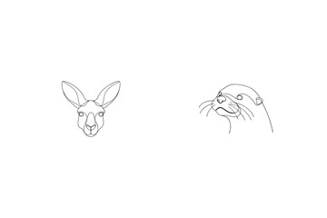 Kangaroo And Otter Heads One Line Drawing Minimalist Animal Portraits