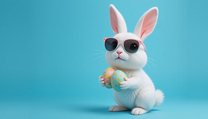 Naklejka premium Cool Easter Bunny with Decorated Eggs on Blue Background Fun Kids Art, Holiday Design, Party and Gift Use