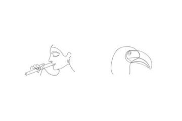 Minimalist Line Art Woman Playing Flute And Toucan Head Vector Illustration