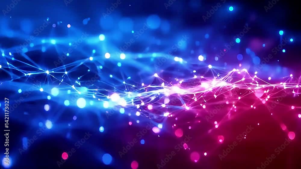 Poster dynamic network connection with glowing particles and lines in abstract blue and pink background