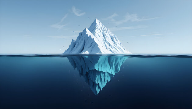 Large iceberg above and below ocean surface, stylized digital art, clear sky and calm sea background,