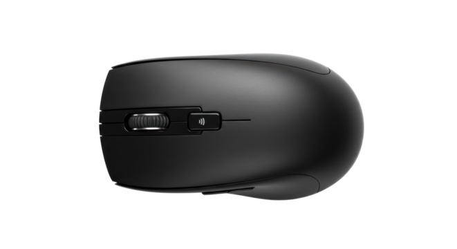 A close up shot of a sleek black wireless computer mouse with scroll wheel on a black background