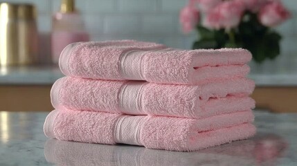 A stack of pink towels sitting on top of a counter