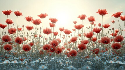 Obraz premium A field of red poppies and daisies in the middle of a field