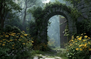 Fototapeta premium Stone Archway Gate Opens to Misty Forest Path, Adorned with Yellow Flowers and Lush Greenery