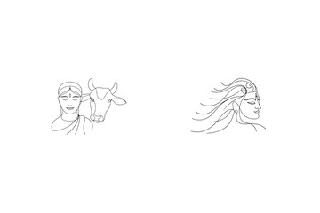 Indian Woman With A Cow And Deity Shiva Artistic Line Art Vector