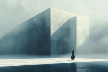 Misty, minimalist scene with a figure and a large concrete structure