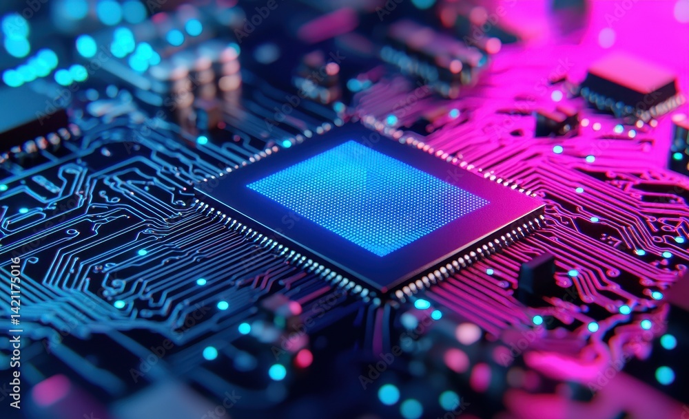 Poster abstract microchip design with vibrant neon circuit background