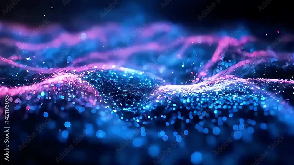 Poster abstract digital waveform network animation with glowing particles and connection points