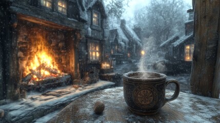 Fototapeta premium A cozy escape: Warm beverage by a fireplace in a quaint snow-covered village, offering a tranquil and inviting winter scene for holiday relaxation and peace