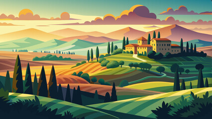 Fototapeta premium Amazing Italian countryside landscape. Hill landscape with pines and cypresses. Morning scenery with beautiful sunrise light